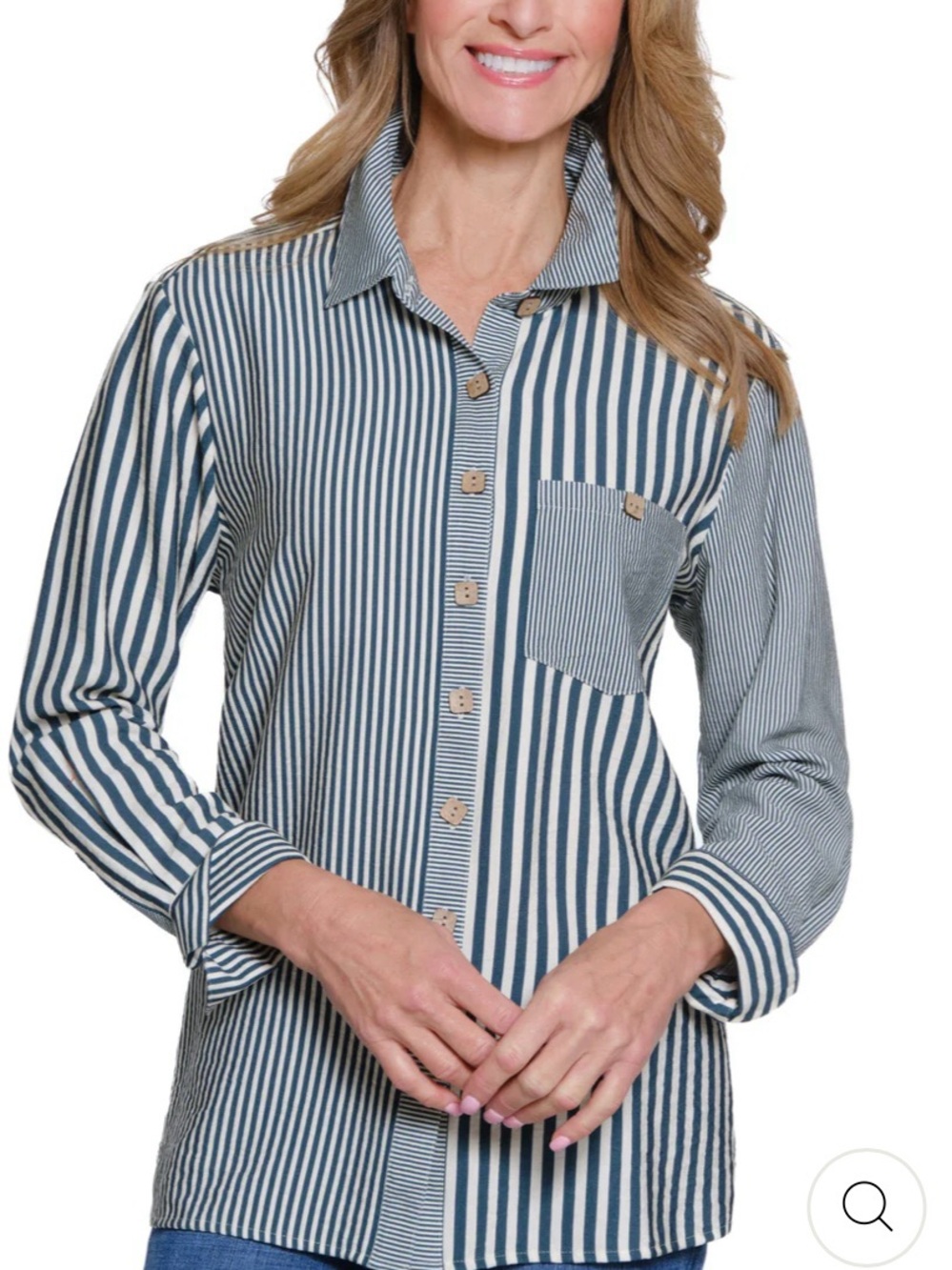 Striped Green and White Women’s 2X Button-Up Shirt